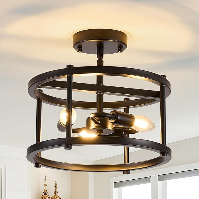 Black Semi Flush Mount Ceiling Light, 3-Light Farmhouse Ceiling Light Fixture for Entryway, Hallway & Foyer, Rustic Black Metal Close to Ceiling Lamp, E12 Base, 12.2 Inch