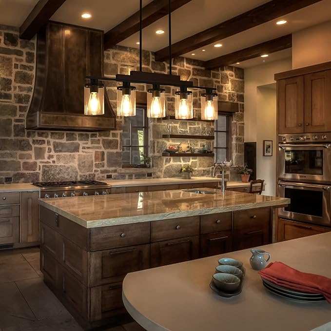 Dining Room Light Fixture/Chandelier Over Table,5-Light Kitchen Island Lighting Hanging for Farmhouse Linear Chandeliers Matte Black Rustic Wood Ceiling Pendant Light Fixtures with Clear Glass Shade