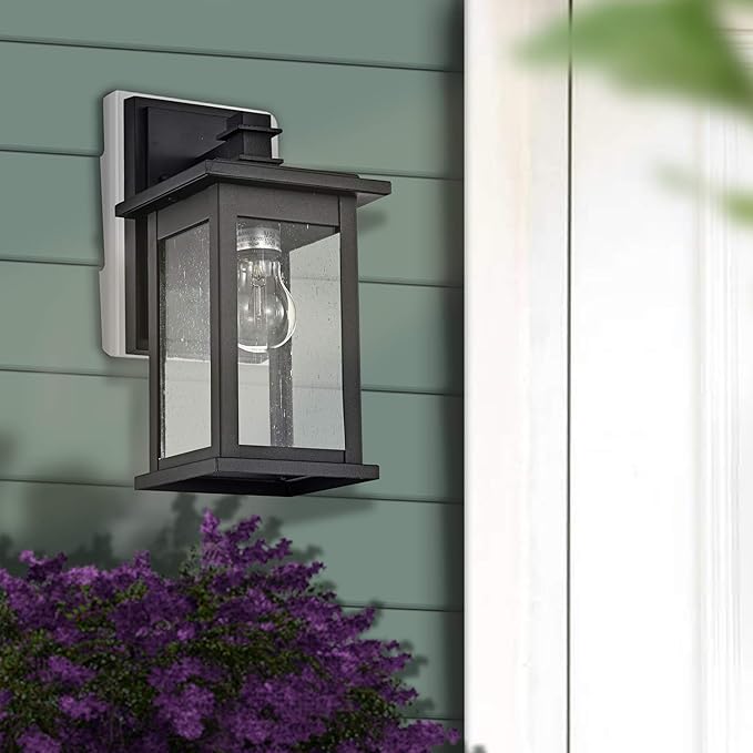 MICSIU 12-Inch Black Outdoor Wall Lantern, Modern Square Exterior Sconce with Clear Seedy Glass, Anti-Rust Waterproof Outside Wall Mount Light for House, Porch, Garage, Garden, E26 Base, 1-Pack