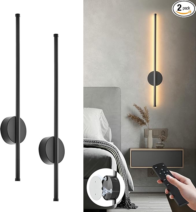 Battery Operated Modern Wall Sconces Set of Two,Rechargeable Wireless Wall Lights with Remote Control,Dimmable,3CCT,Timer,360°Rotation,Cordless Lighting for Bedroom,Living Room,Hallway,Black,23.6 Inch