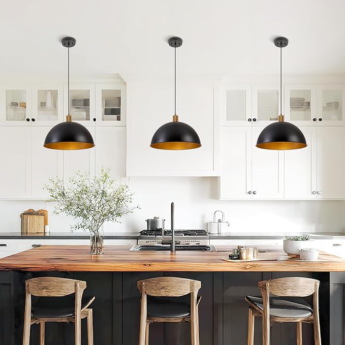 16 Inch Black Dome Pendant Lights for Kitchen Island, Height Adjustable Farmhouse Industrial Hanging Light Fixtures Over Table for Dining Room, Entryway, 1 Pack