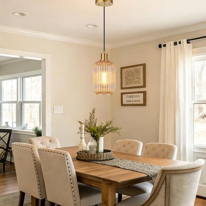 2 Pack Amber Cylinder Pendant Lights Kitchen Island with Ribbed Lampshade, Brushed Gold Hanging Light Fixture, Adjustable Pendant Lighting for Kitchen Island Sink Dining Room (Bulbs Not Included)