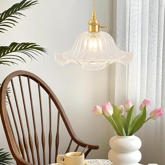 Plug in Pendant Light Vintage, Adjustable Pulley Hanging Lamp with Transparent Lily Glass Shade, Brass Hanging Lights with Plug in Cord for Kitchen, Compatible with Indoor Plant Grow Light Bulbs