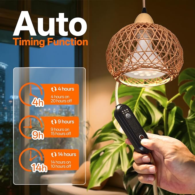 Bstrip Hanging Grow Lights for Indoor Plants, 18W Full Spectrum Plant Light with 4H/9H/14H Timer 15.9 FT Power Cord & Boho Rattan Shade, 3800K Hanging Lights for Indoor Plant, Tall Plant, Flowers