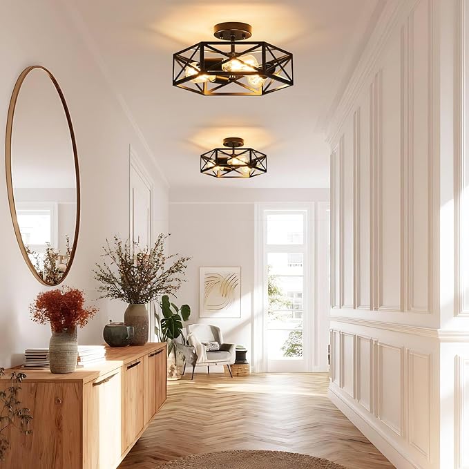 Modern Farmhouse Semi Flush Mount Ceiling Light,Industrial Black Ceiling Lighting Fixture,Hexagonal Close to Ceiling Lights for Kitchen, Hallway,Bedroom,Foyer,Dining,Laundry Room,14.6 Inch