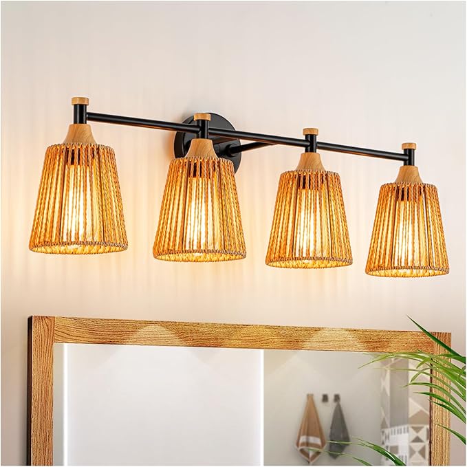 Bathroom Light Fixtures Vanity Lights Over Mirror, Rustic Farmhouse Rattan Wall Sconce with Boho Hand Woven Wall Lamp Natural Style Wall Mounted Light (30in - 5 Light)