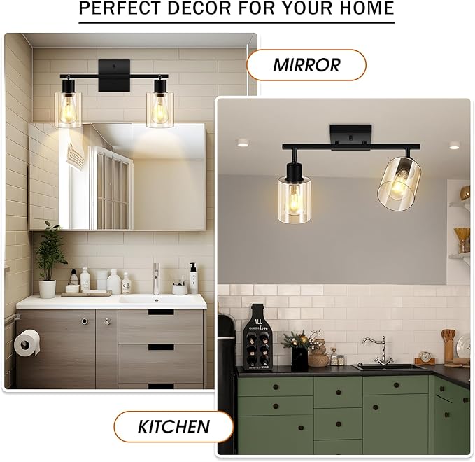 Track Lighting Fixtures Ceiling for Kitchen, Black 2-Light Wall Lights, Modern Led Track Lighting Ceiling with Glass Shade, Rotatable Head, Wall Mount Spotlight for Bathroom Vanity Hallway, E26 Base