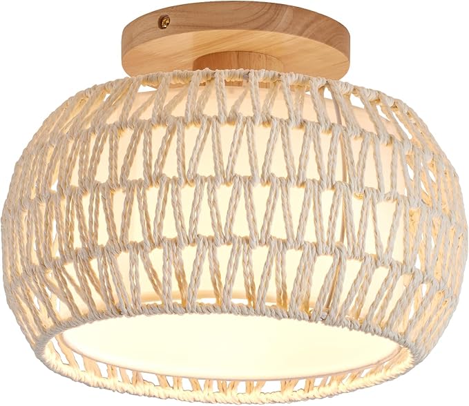 Boho Rattan Ceiling Light Fixture - 3 Style Options Wicker Semi Flush Mount Ceiling Lights,Beige Coastal Light Fixtures,Bohemian Woven Basket Chandelier for Hallway Bedroom Nursery Kitchen Laundry