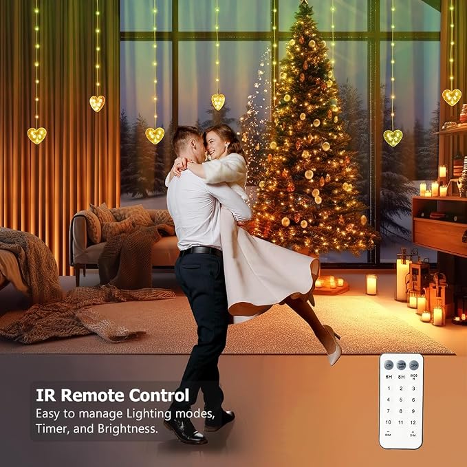 Heart Curtain Lights Battery Operated Valentines Day Decor, 10ft x 3.3ft Warm White & Multicolor Twinkle Fairy String Lights Curtain, Timer & IR Remote for Indoor Outdoor Christmas Decor