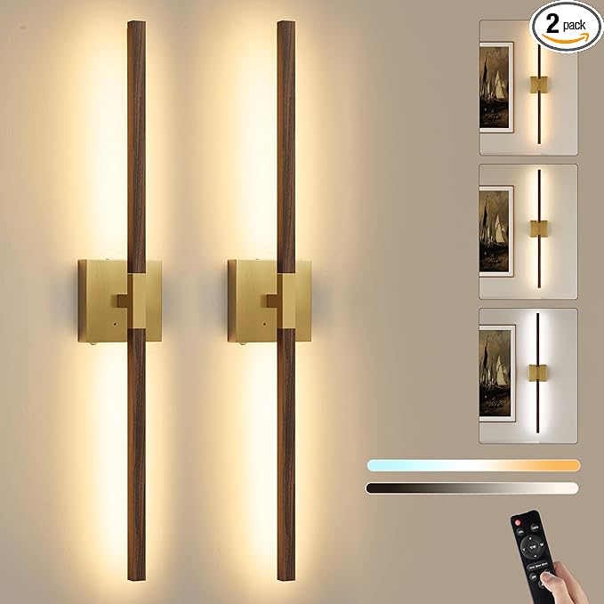 Rayogale Rechargeable Battery Operated Wall Sconce Set 2, 8000mAh Cordless, 3000K/4500K/6000K, Dimmable, Remote, Touch Control, 360° Rotation for Living Room Gold Walnut 2 Pack 24 Inch