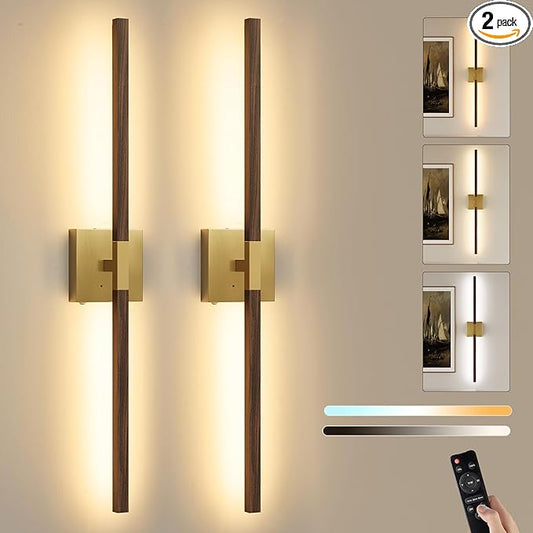 Rayogale 36 Inch Rechargeable Battery Operated Wall Sconce Set 2, 8000mAh Cordless, 3000K/4500K/6000K, Dimmable, Remote, Touch Control, 360° Rotation for Living Room Gold Walnut 2 Pack