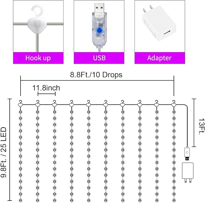 16 Colors Changing Curtain Lights - 250 LED 9.8 X 8.8 FT Fairy String, 7 Modes Twinkle with Remote, Backdrop Wall Hanging Dripping for Bedroom Backyard Halloween Christmas Decor