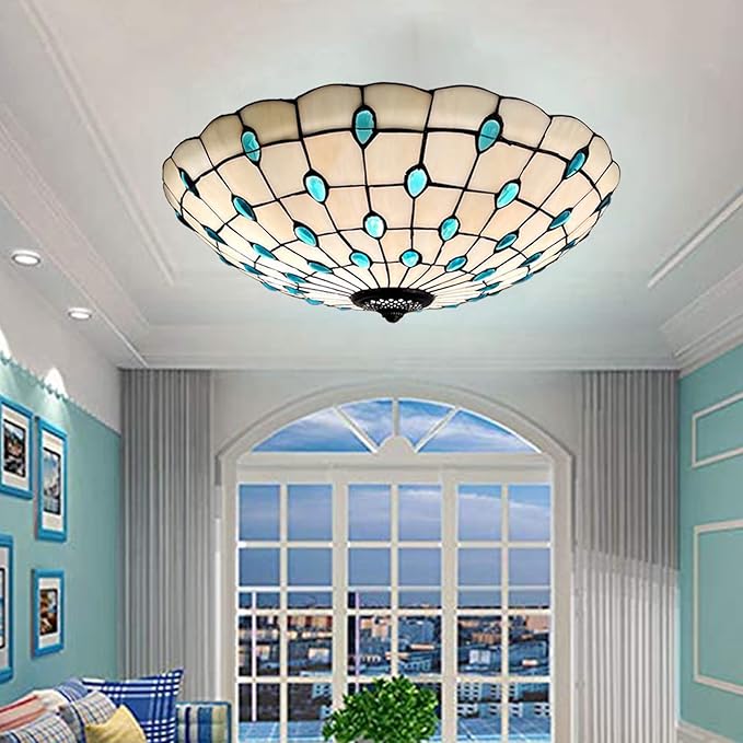 Tiffany Flush Mounts Ceiling Lights,Peacock Blue Crystal Beads Stained Glass Lampshade Ceiling Lamp for Kitchen Dining Room Livingroom Bedroom Ceiling Chandeliers Pendant Light,Blue,21in
