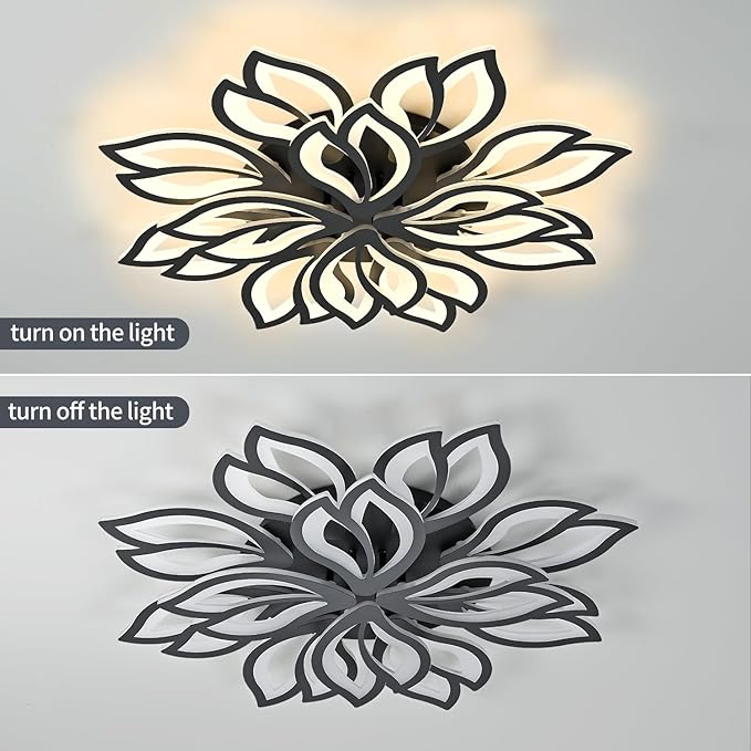 Modern Ceiling Light with APP & Remote Control, Dimmable LED Flush Mount Chandelier with 3-Color, Black Acrylic Flower Ceiling Light Fixture for Living Room Dining Room Bedroom Kitchen-12-Leaves