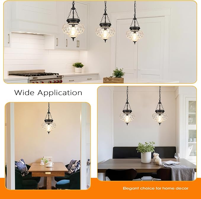 Vintage Pendant Light - Matte Black Pendant Lights Kitchen Island with Hammered Glass Shade, Hanging Lighting Fixtures with Adjustable Hanging Chain for Kitchen, Island, Dining Room, Entryway