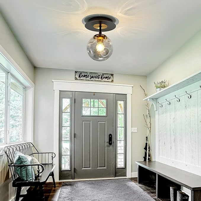 SZXYKEJI 1-Light Mini Glass Globe Ceiling Light,Modern Semi Flush Mount Light Fixture,Black Ceiling Light for Hallway Aisle Porch Stairway Closet.