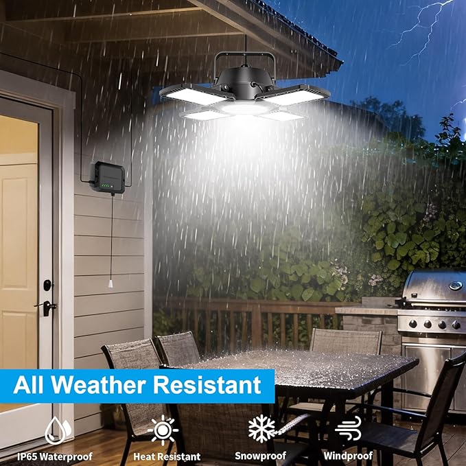 Auzev Solar Shed Light Indoor Outdoor, 172 LED Pendant Light with Pull Switch, Available Day & Night, 2000LM, 2 Dimmable, IP65 Waterproof Gazebo Light for Chicken Coop, Barn, Porch, Garage, Shop