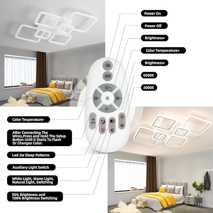 Modern Ceiling Light, 36.2'' LED Dimmable Acrylic Square 6+1 Rings Ceiling Lights with Remote, White Flush Mount Ceiling Light Fixture for Low Ceiling Bedroom Living Room Dining Room, 130W