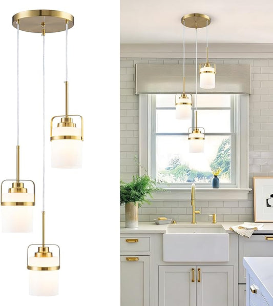 Brass 3-Light Pendant Lighting, Adjustable Cluster Hanging Light Fixture with Milk Glass Shade, Modern Pendant Light for Kitchen Island Dining Room Bar