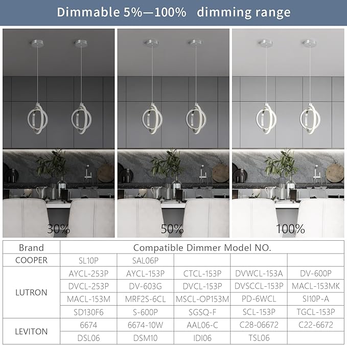 Modern LED Chandelier Chrome Ring Pendant Light Fixtures 4000K Dimmable Height Adjustable Pendant Lighting for Dining Room Kitchen Island Bedroom Living Room Foyer（Chrome Round 3-Pack）