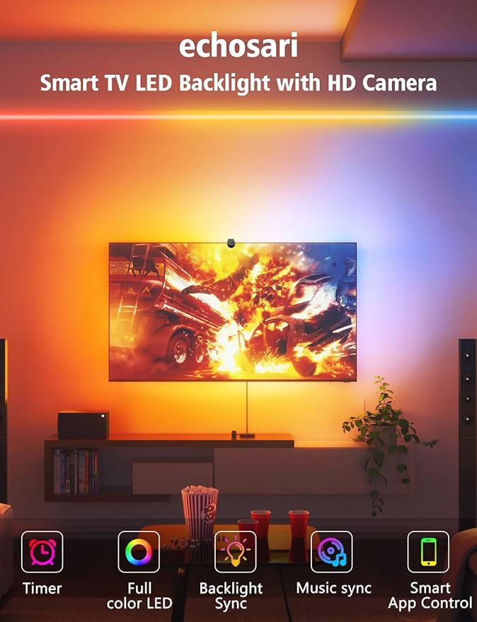 echosari TV Backlight Sync to Screen, TV Lights That Change with TV for 55-65 Inch Screen, 14.7Ft Smart Strip Lights APP Control with HD Camera Game & Music Sync