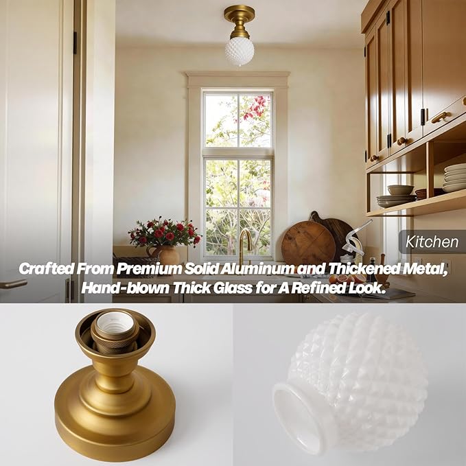 Modern Schoolhouse Semi Flush Mount Ceiling Light, Brass Gold Close to Ceiling Light Fixtures with Globe Milky White Glass Hallway Ceiling Lamp for Laundry Entryway Kitchen Bathroom E26