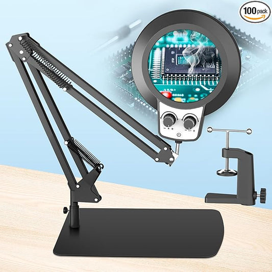 HITTI 12X Magnifying Glass with Light, 2026 Infinite Color and Stepless Dimming Desk Large Lamp & Clamp,2-in-1 LED Hands Free Lighted Magnifier for Craft Hobby Soldering(12X Square Base & Clamp)