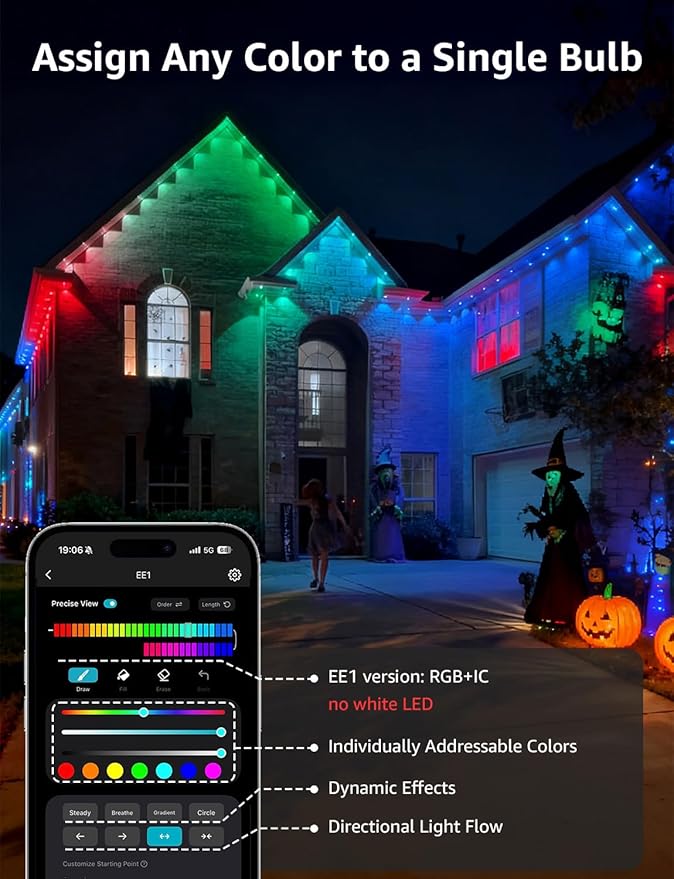 Lepro EE1 AI Permanent Outdoor Lights with Dual-Output, 50ft 30 LED RGB+IC Smart Outside Light for House Christmas Decor,Alexa Google Enabled 2.4 GHz WiFi/Bluetooth, APP Control No Remote Controller
