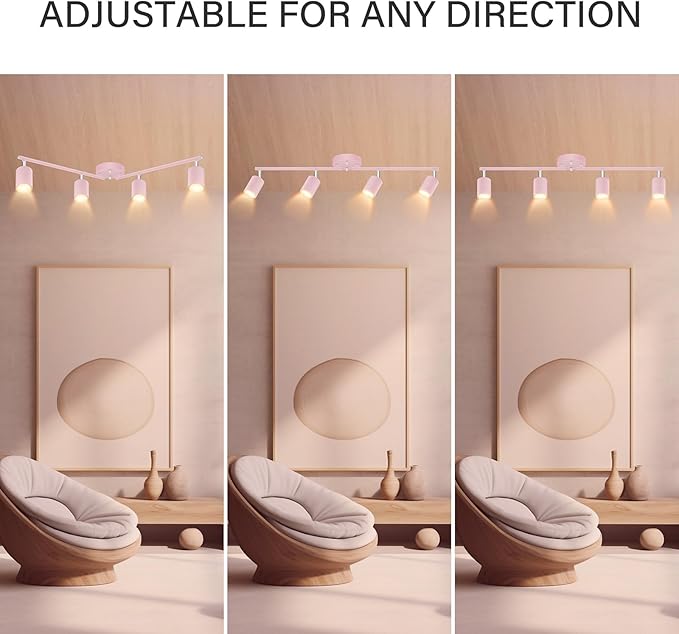 Track Lighting Fixture Ceiling, Modern LED Track Lights Kit, 4 Lights Ceiling Lighting for Kitchen, Rotatable Spotlight Heads, Wall Mount Spot Lighting for Island/Bedroom, Pink Home Decor(GU10 Socket)