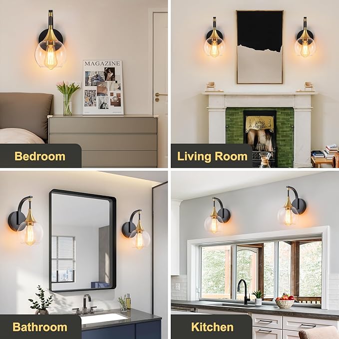 Modern Wall Sconce, Black and Gold Bathroom Vanity Lights with Clear Glass Shade, 1-Light Wall Light Fixture for Bathroom,Living Room, Hallway, Bedroom