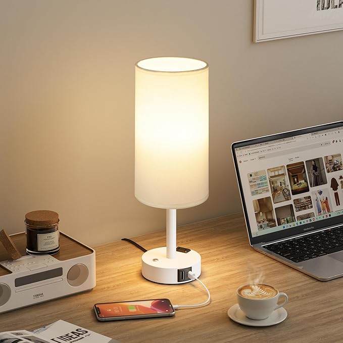 Touch Bedside Table Lamp with Memory - Stepless Dimmable Lamp for Bedroom, Small Nightstand Lamp with Dual USB Charging Ports and AC Outlet, Wood Night Light, Deak Lamp for Nursery (White & White)