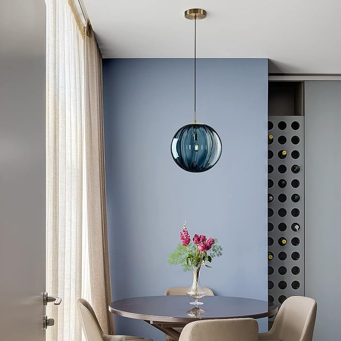 KCO Lighting Modern Large Globe Pendant Light 1-Light Single Blue Glass Pendant Lighting Kitchen Island Vintage Ribbed Glass Pendant Light Contemporary Gold Hanging Light Fixture (9.8”)