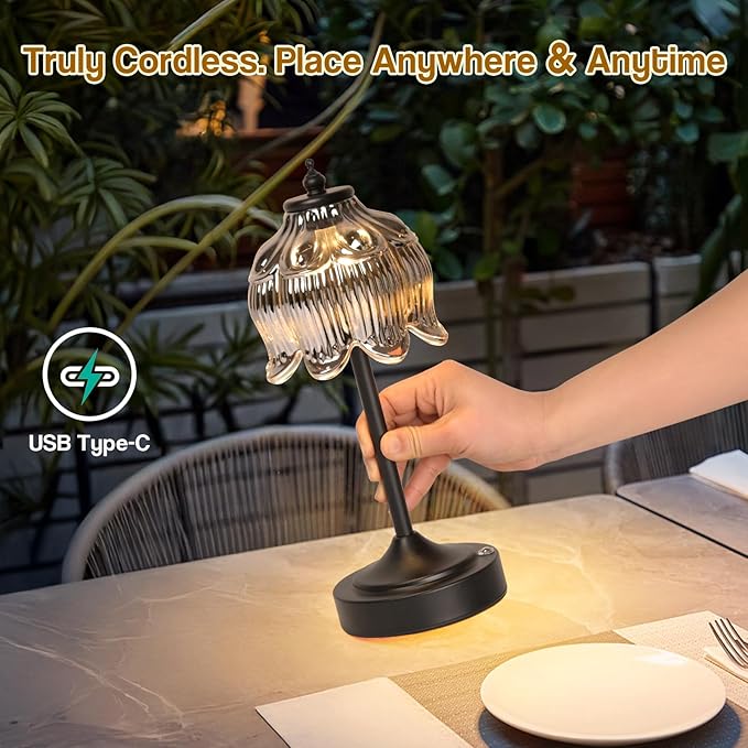 Cordless Lotus Flower Table Lamp, 5200mAh Rechargeable Battery Operated Portable Lamp, 3-Color Dimmable Touch Control Small Desk Lamp for Bedroom, Office, Kitchen, Nightstand,Room Decor(Black)