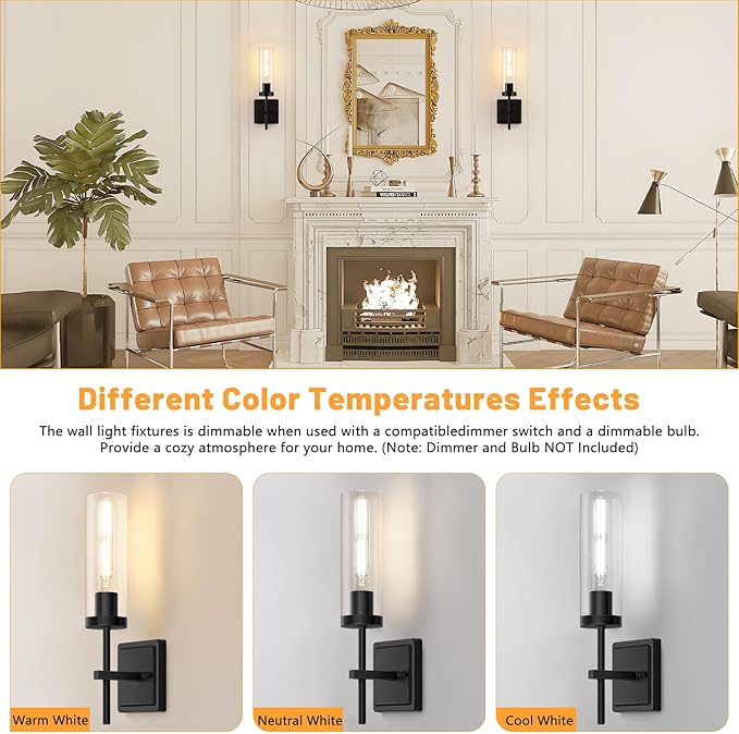 Wall Sconces Set of Two, Matte Black Bathroom Sconces Wall Lighting with Clear Glass, Modern Sconces Wall Decor Set of 2 Hardwired Vanity Light fixtures for Mirror Living Room Hallway Bedroom