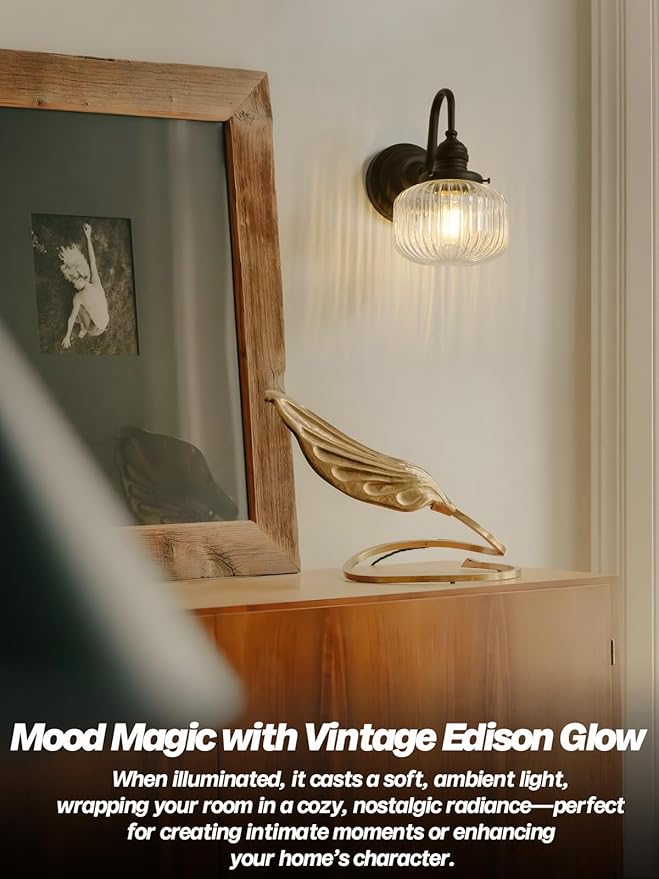 Vintage Wall Sconce Light, Black Bathroom Vanity Light with Hand-Blowing Clear Glass Farmhouse Hardwire Wall Mounted Lamp for Bathroom Mirror Living Room Bedroom Kitchen E26 Indoor