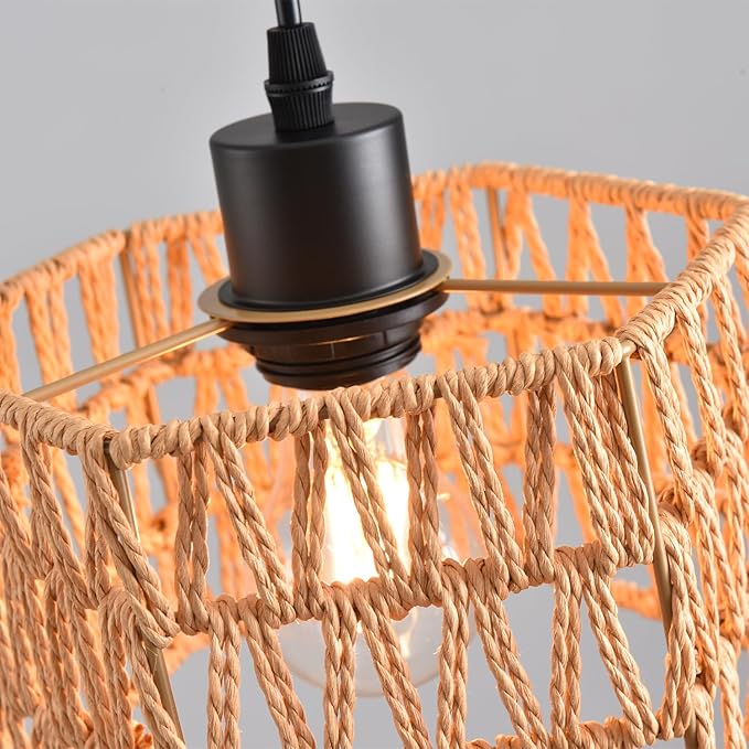 Woven Pendant Light Boho Chandelier, Rattan Pendant Lights Kitchen Island, Farmhouse Pendant Lighting with Hand Woven Wicker Shade, Boho Chandelier Light Fixtures Ceiling Hanging Light