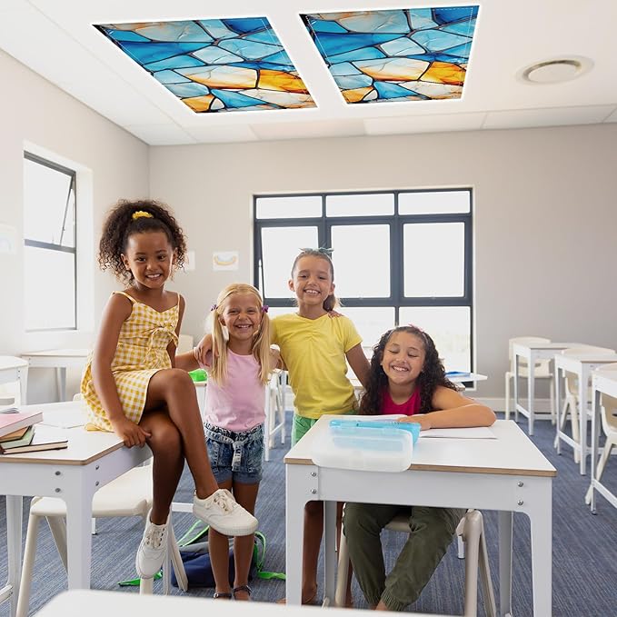 QOUBAI 6 Pcs Fluorescent Light Covers,4 x 2 Ft Magnetic Light Filters Colorful Art Fluorescent Lights Shade Easy Install for Classroom Office Library Hospital Home Ceiling Blue Glass
