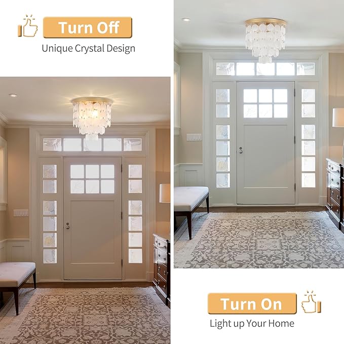 11.8" Capiz Shell Ceiling Light Fixtures, 3 Light Boho Shells Flush Mount Ceiling Light for Bedroom, Hallway, Entryway, Bathroom, Brushed Brass