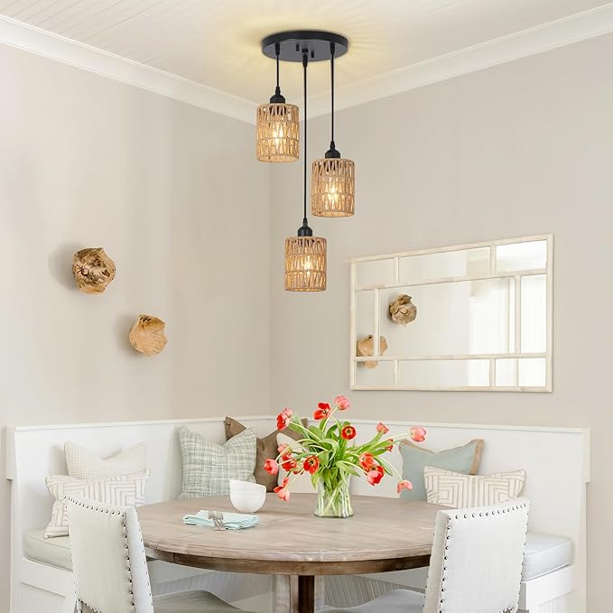LAMSU 3 Lights Rattan Pendant Light, Farmhouse Dining Room Light Fixtures Ceiling Hanging, Boho Pendant Lighting with Hand Woven Wicker Shades for Kitchen Island Living Room Bedroom Foyer Hallway