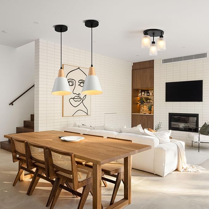 2 Pack Pendant Lights, White Pendant Lights Kitchen Island,Wood Dome Minimalist Industrial Ceiling Hanging Lights for Kitchen Island, Barn, Dining Room, Living Room, Bedroom