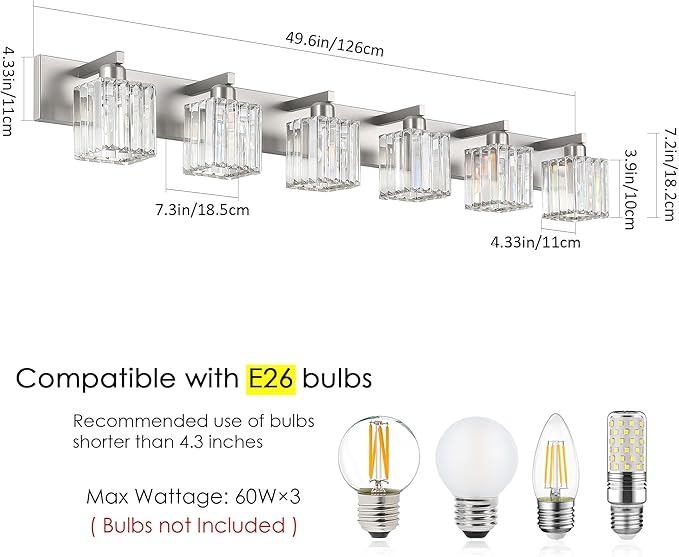 Aipsun Brushed Nickel Bathroom Light Fixtures 6 Light Vanity Lighting Fixture Crystal Modern Bathroom Vanity Light (Exclude Bulb)