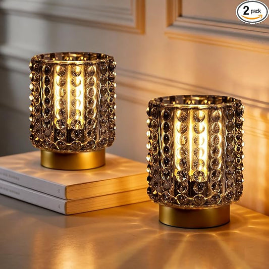 Battery Operated Lamp with Timer, Mini Crystal Table Lamps for Home Decor, Small Cordless Lamp for Areas No Outlets, Glass Battery Powered Lamps for Entryway, Bedroom, Bathroom, Shelf, Corner (2 Grey)
