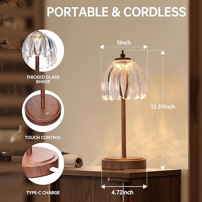 Shenmoyl Tulip Table Lamp with 5200mAh Battery & Touch Control, Small Cordless Table Lamp with 3 Colors, Rechargeable Battery Operated Table Lamps for Bedroom, Desk, Bedside (Transparent-Walnut Color)