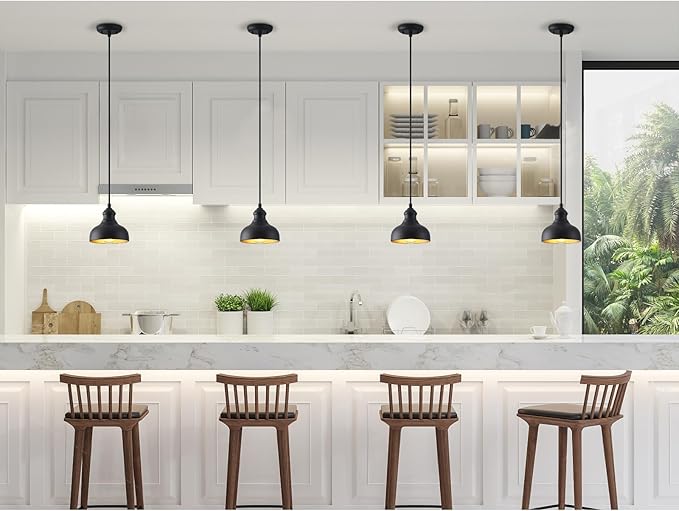 7in Dome Black Farmhouse Barn Pendant Light with Brass Interior, 2 Pack Outdoor Porch Hanging Lamp Small Industrial Barn Style Pendant Lighting for Bedroom Kitchen Hallway, Height Adjustable