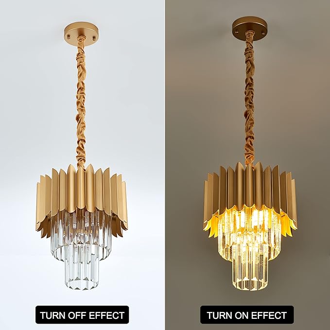 11" Gold Crystal Pendant Light,4-Light 3-Tier Luxury Crystal Pendant Light Perfect for Dining Room, Bedroom, Kitchen, Living Room