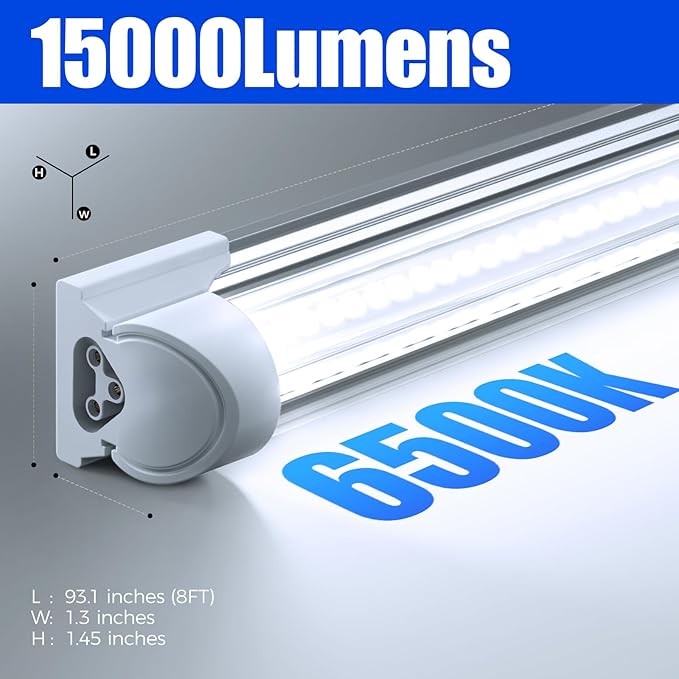 Barrina LED Shop Lights, 8FT 100W 15000LM 6500K, Super Bright White, V Shape, Clear Cover, High Output, Linkable, T8 LED Tube Light, for Garage 8 Foot with Plug (Pack of 12)