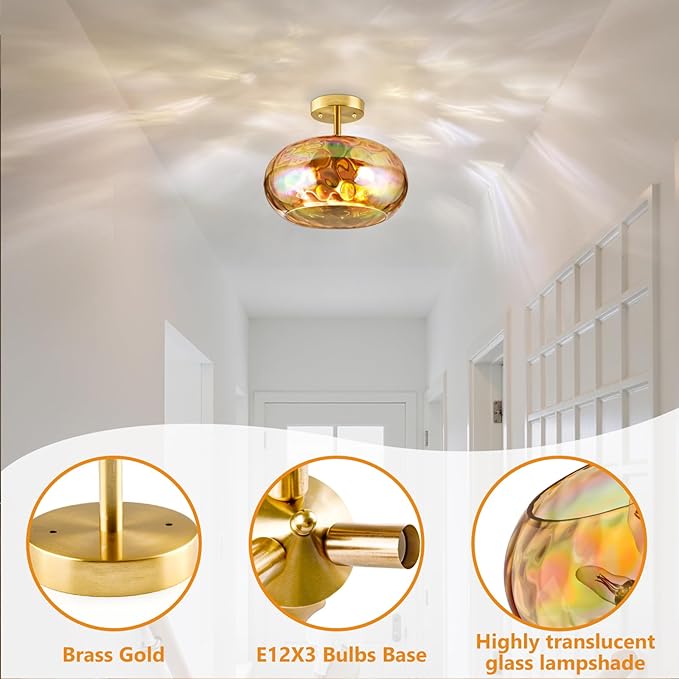 Ceiling Light Fixture, 14''& 3-Light Amber Vintage Semi Flush Mount Ceiling Light, Brass Rainbow Indoor Lampshade for Farmhouse, Bedroom, Kitchen, Living Room, Hallway Bulbs Not Included