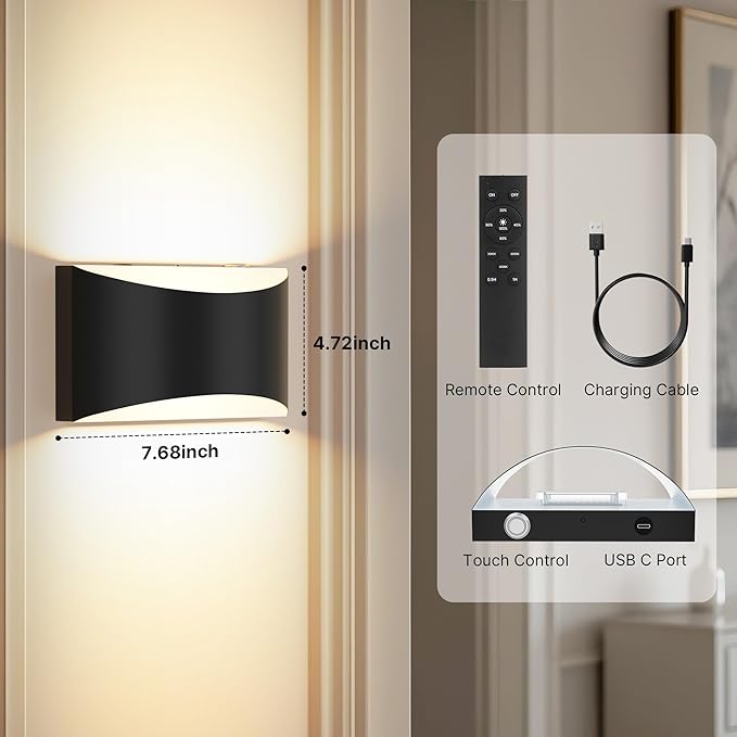 FOLKSMATE Battery Operated Wall Sconces Set of 6, 8000mAh Rechargeable Remote & Touch Control Wall Lamps, 3 Color Temperatures, Timer Cordless Dimmable Light for Bedroom, Living Room, Hallway