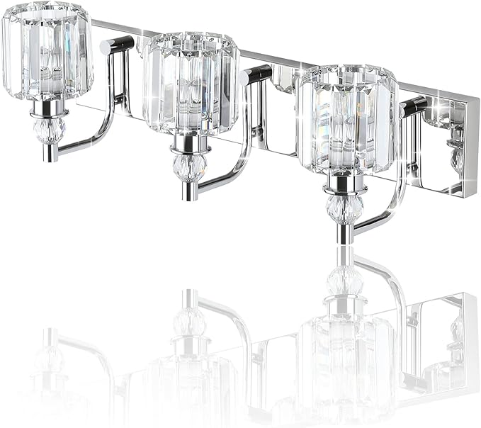 Ralbay Crystal Vanity Light Fixtures 3 Light Modern Crystal Bathroom Lights Fixtures Over Mirror Stainless Steel Chrome Vanity Light for Bathroom Wall Lights Fixtures