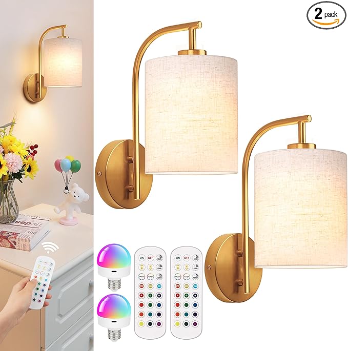 MATAMEYE Battery Operated Wall Sconce Set of 2, Gold Rechargeable Dimmable Wall Light Fixture Remote, 12 RGB Colors & Timer, Wireless Lamp Linen Shade